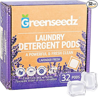 Greenseedz Laundry Pods, Fresh Lavender Scent, 32 Pacs, Eco Friendly, Powerful Clean, Biodegradable, HE Compatible