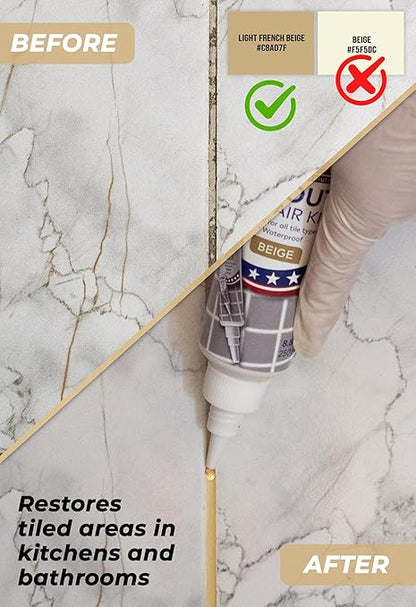 Tile Grout Repair, Beige 8.8 oz/250gr. Fast Drying Grout Repair Kit, Grout Filler Tube Repair Kit, Tile Grout Paint, Grout Sealer Restore and Renew Bathroom Floor, Tile Gaps, Joints, Lines