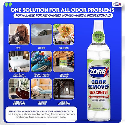 ZORBX Unscented Odor Eliminator for Strong Odor 7.5 Fl Oz Pack of 2 - Used in Hospitals & Healthcare Facilities - Advanced Formula, Fast-Acting Odor Remover Spray for Dog, Cat, House & Carpet