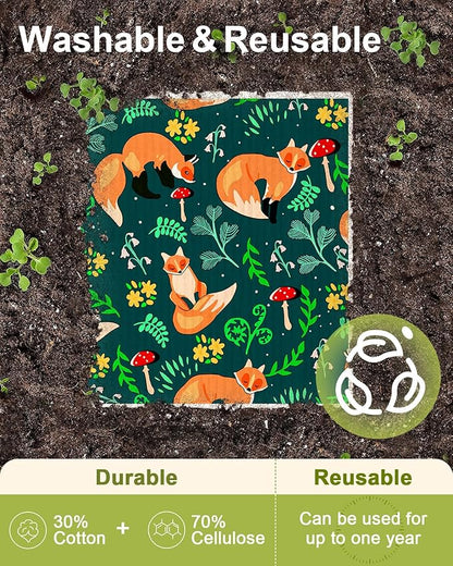 Swedish Dishcloths for Kitchen - 5 Pack Reusable Dish Cloths for Washing Dishes Absorbent Cute Funny Kitchen Towels Cleaning Sponge, Animal Forest