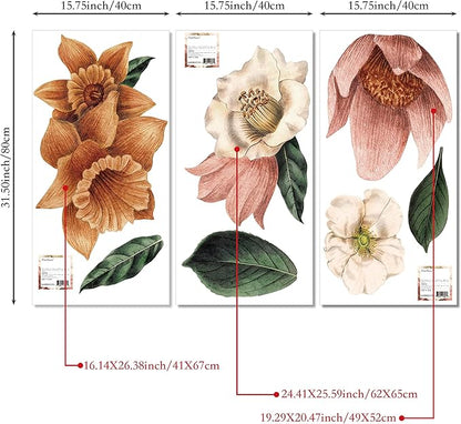 Fabric Peel and Stick Floral Wall Decal, Self-Adhesive Flowers Wallpaper, Wall Stickers for Living Room Bedroom Decor, Vintage Garden-3 PCs