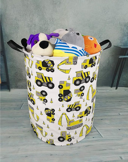 KUNRO Round Laundry Gift Basket Storage Hamper, Clothes Storage Organizer Bins, Shelf Basket with Handles for Room Decor (Excavator)