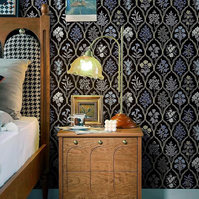Dimoon 78.7"x17.3" Peel and Stick Wallpaper Contact Paper Floral Vintage Black Wallpaper Modern Removable Wall Paper Self Adhesive Boho Contactpaper for Cabinets Drawers Blue Bedroom Thicken Vinyl