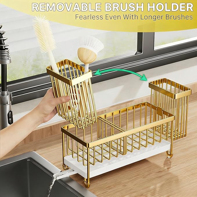 Cisily Sponge Holder for Kitchen Sink, Sink Caddy Organizer with High Brush Holder, Kitchen Countertop Organizers and Storage Essentials, Rustproof 304 Stainless Steel (Gold, 9.25″)
