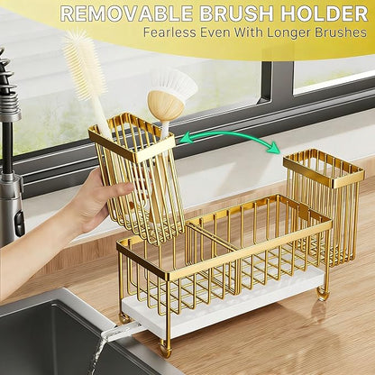 Cisily Sponge Holder for Kitchen Sink, Sink Caddy Organizer with High Brush Holder, Kitchen Countertop Organizers and Storage Essentials, Rustproof 304 Stainless Steel (Gold, 9.25″)
