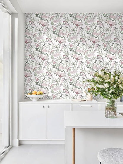 Dimoon 385"x17.3" Vintage Wallpaper Floral Peel and Stick Wallpaper Boho Contact Paper White Pink Green Cute Flower Removable Wall Paper Renter Friendly Kitchen Shelf Bathroom Self Adhesive Vinyl Roll