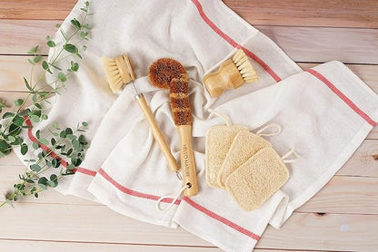 Plant-Based 6pcs Kitchen Brush Set by HELLO NATURE, Sustainable & Biodegradable Natural Fibre Bamboo Dish Brush,Bottle Brush,Pot Brush & 3 Natural Loofah Sponges, Zero-Waste,Plastic Free Kitchen Set