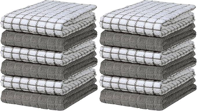 Bumble Kitchen Towels | 100% Cotton Dish Towels with Hanging Loop | 16"x 28" | 380GSM | Absorbent Kitchen Towel Set | 12 Pack, Gray