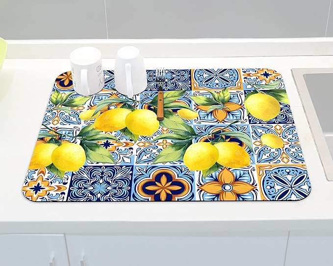 Rubber Dish Drying Mat for Kitchen Counter Large Lemon Washable Quick Home Coffee Pad Fit Under Sink,Bar,Utensils 18x24in