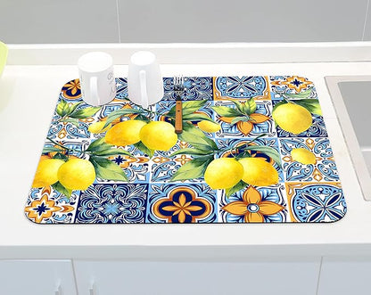 Rubber Dish Drying Mat for Kitchen Counter Large Lemon Washable Quick Home Coffee Pad Fit Under Sink,Bar,Utensils 18x24in