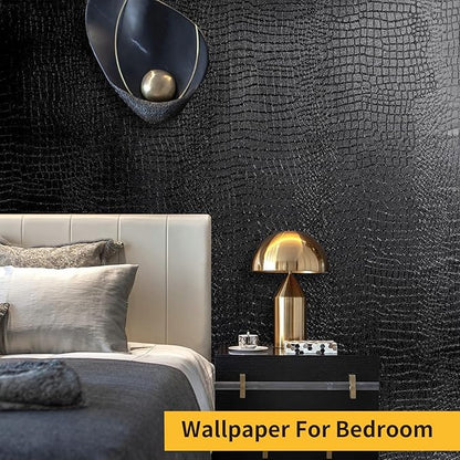 Black Peel and Stick Wallpaper, 23.6" X 393", Embossed Crocodile Wallpaper, Easy Peel Off, Self-Adhesive, Removable Contact Paper, Textured for Cabinet, Bedroom