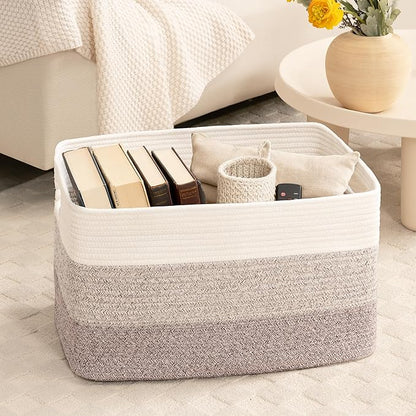 60L Laundry Basket with Leather Handles for Living Room Storage, Woven Rope Baskets Bin for Blanket, Kids Toy, Gifts, Wicker Hamper for Bedroom Dirty Clothes, Gradient Brown
