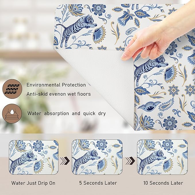 Blue and White Floral Tiger Dish Drying Mat, Chinoiserie Tiger Coffee Bar Mat for Countertops, Abstract Flower Absorbent Dish Drying Mats for Kitchen Counter Coffee Maker, 16x24 Inch