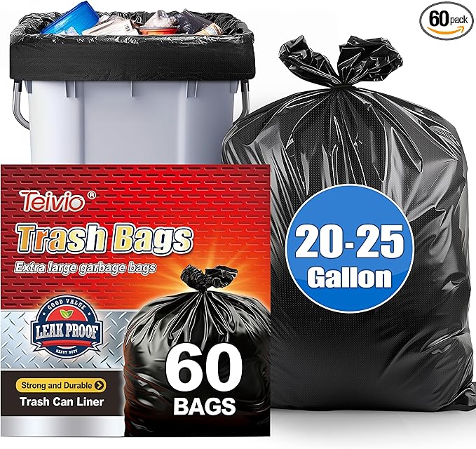 Teivio Black Trash Bags 20-25 Gallon 60 Count | Large Multipurpose | Fit 18,20,21,23,25 gallon Garbage Bin Liner | Kitchen | Lawn And Leaf Bags Outdoor Yard Waste Bag | Workshops Trash