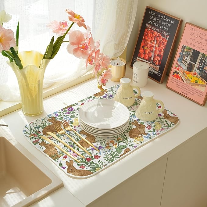 Spring Dish Drying Mat 18x24 Inches For Kitchen Counter Absorbent Brown Rabbit Floral Kitchen Easter Bunny Flower Drying Mat Pad For Home Kitchen,Dining Room,Office Decoration