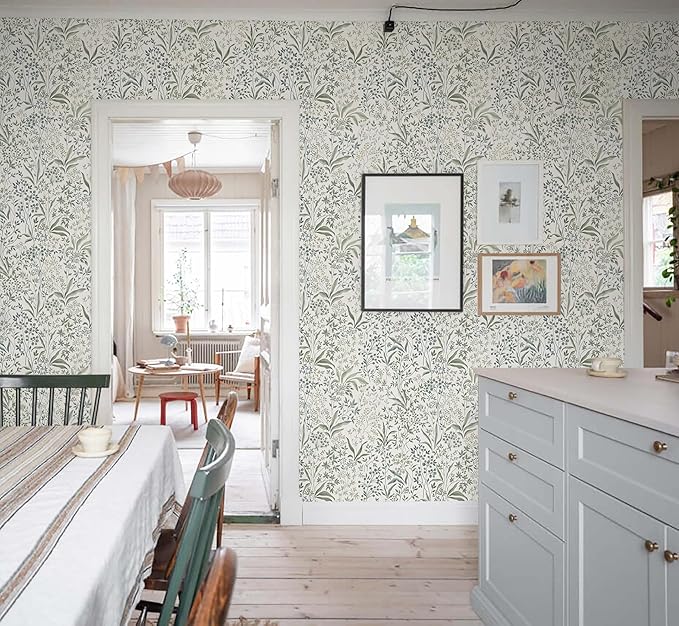 Heroad Green Floral Peel and Stick Wallpaper Boho Contact Paper for Cabinets Drawers Leaf Wall Paper Removable Self Adhesive Wallpaper for Bedroom Bathroom Waterproof Decor Vinyl Roll 16.1''x78.7''