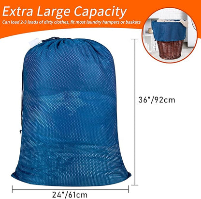 Polecasa Extra Heavy Duty Large Diamond Mesh Laundry Bags with Drawstring Closure & ID Tag, 24 x 36 inches Washable Storage Bag for College, Travel, Sports, Dorms, Blue