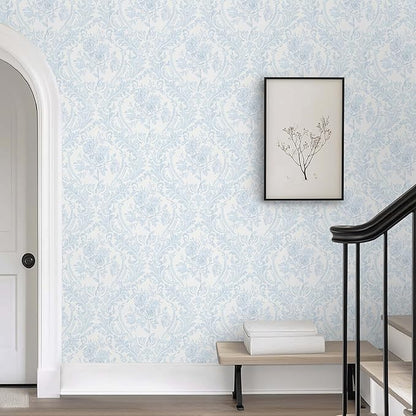 Ismoon Peel and Stick Wallpaper Vintage Floral Contact Paper Boho Watercolor Blue Damask Wallpaper Textured Removable Self Adhesive Vinyl Wall Paper for Bedroom, 17.3inx16.4ft
