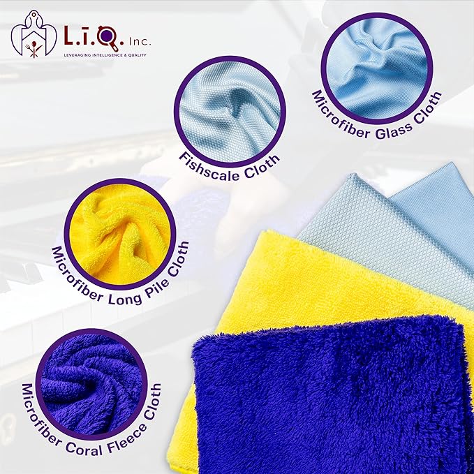 L.I.Q. Microfiber Cleaning Cloths (Pack of 12) – 4 Types: Coral Fleece, Glass, Fishscale & Long Pile (3 Each) – Reuseable, Lint-Free Microfiber Cloths for Cleaning - for Wood, Glass, Metal, and More