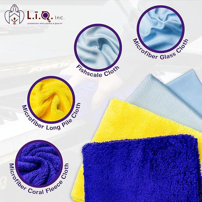 L.I.Q. Microfiber Cleaning Cloths (Pack of 12) – 4 Types: Coral Fleece, Glass, Fishscale & Long Pile (3 Each) – Reuseable, Lint-Free Microfiber Cloths for Cleaning - for Wood, Glass, Metal, and More
