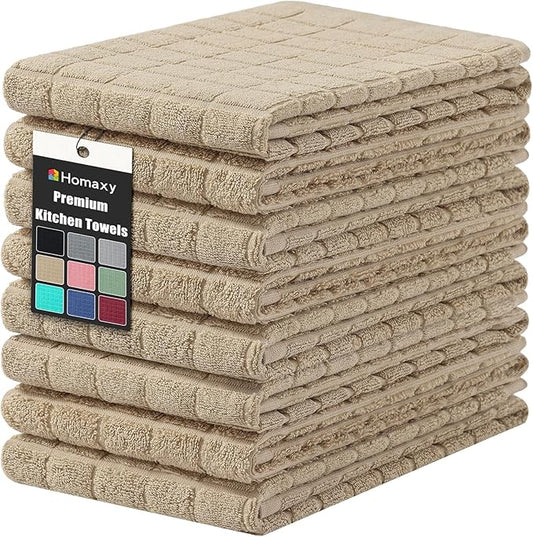 Homaxy Premium Cotton Kitchen Towels 16"x 28", Large Natural Ring Spun 390 GSM Dish Towels, Super Absorbent Terry Kitchen Hand Towels, Soft Tea Towels with Hanging Loop, Pure Tan Design, 8 Pack