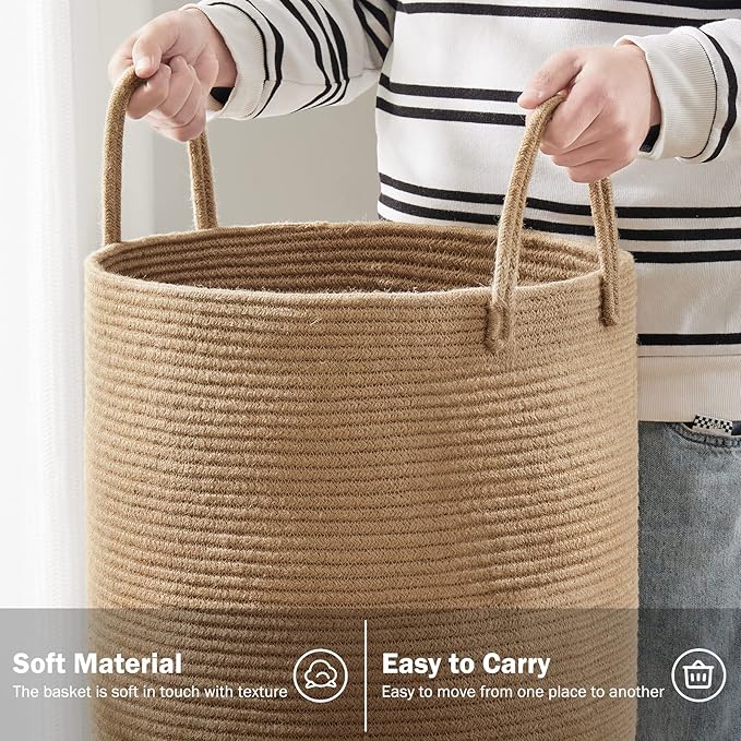 Woven Rope Laundry Hamper Basket by YOUDENOVA, 72L Tall Luandry Basket, Baby Nursery Hamper for Blanket Storage in Bedroom-Large-Jute