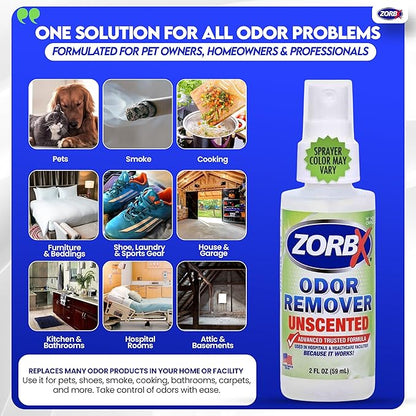 ZORBX Unscented Odor Eliminator for Strong Odor 2 Oz, Pack of 24 - Used in Hospitals & Healthcare Facilities - Advanced Trusted Formula, Fast-Acting Odor Remover Spray for Dog, Cat, House & Carpet