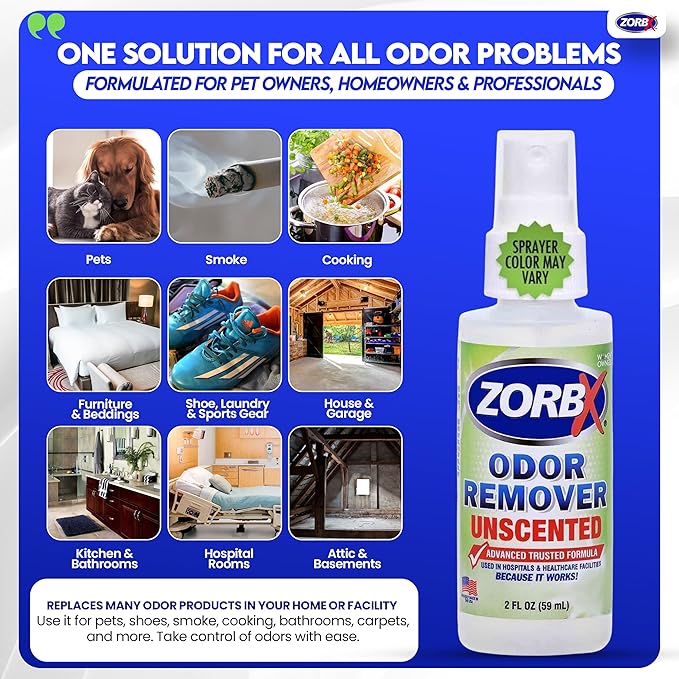 ZORBX Unscented Odor Eliminator for Strong Odor 2 Fl Oz Pack of 5 - Used in Hospitals & Healthcare Facilities - Advanced Formula, Fast-Acting Odor Remover Spray for Dog, Cat, House & Carpet