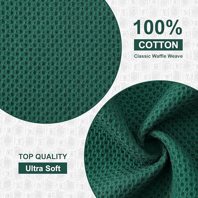Kitinjoy 100% Cotton Kitchen Dish Cloths (12 X 12 Inches, Dark Green), 12 Pack Waffle Weave Ultra Soft Absorbent Dish Towels for Drying Dishes Quick Drying Kitchen Towels Dish Rags