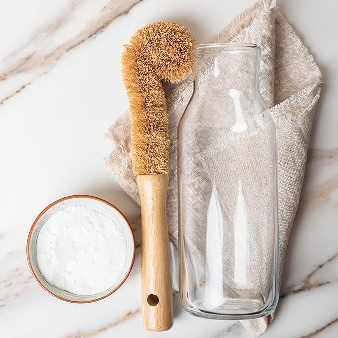 2PCS Coconut Brush Fiber Bottle Wooden Cleaning Brush, Scrub Head for Deep Pan Cleaning Washing, Sturdy Eco-Friendly with Natural Wood Handle Holder, Bristle Scrubber Set for Kitchen Dishes Vegetable