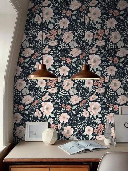 Heroad Brand Retro Floral Peel and Stick Wallpaper Dark Blue Floral Contact Paper for Cabinets Waterproof Navy Blue Wallpaper Removable Self Adhesive Drawer Liner Decoration Wall Paper 16.1"x78.7"