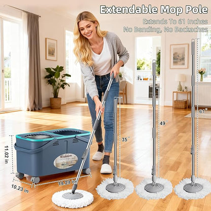 2026 Upgraded Gen 2 Spin Mop and Bucket Set with 4 Swivel Wheels for Easy Rolling, Separates Clean & Dirty Water, Floor Mop with 6 Washable Mop Heads for Wood, Tile, Vinyl, Baseboards - Grey/Blue