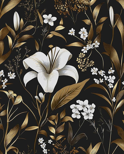 Laatse Black White Floral Wallpaper Peel and Stick, Dark Gold Vintage Contact Paper 17.5" x 393", Golden Botanical Wall Paper Self Adhesive Removable Waterproof for Bedroom Cabinet Drawer Table Decor