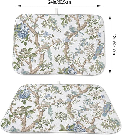Blue Green Floral Bird Dish Drying Mats 18x24 Inch Blue Green Vintage Flowers Bird Chinoiserie Decorative Drying Mats Outdoor Kitchen Decor Coffee Bar Mat for Kitchen Dining Room
