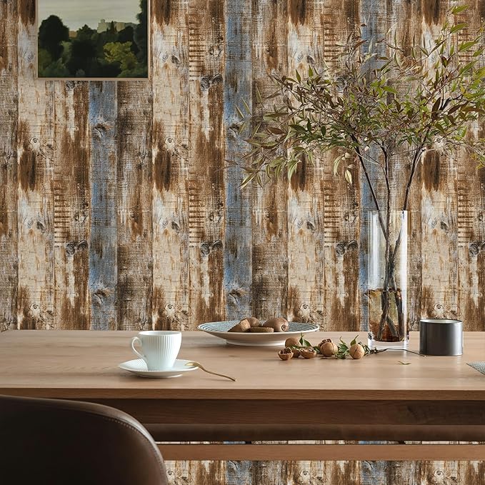 LXCREAT Faux Wood Butcher Block Contact Paper, Shiplap Peel and Stick Wallpaper Wooden Planks for Walls 17.5"X118", Natural Brown Self Adhesive Removable Rustic Wallpaper for Shelf Kitchen Decoration