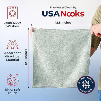 USANOOKS Microfiber Cleaning Cloth - Sea Green - 24Pcs (12.5x12.5 inch) High Performance - 1200 Washes, Ultra Absorbent Car Towel Traps Grime & Liquid for Streak-Free Mirror Shine - car Washing Cloth