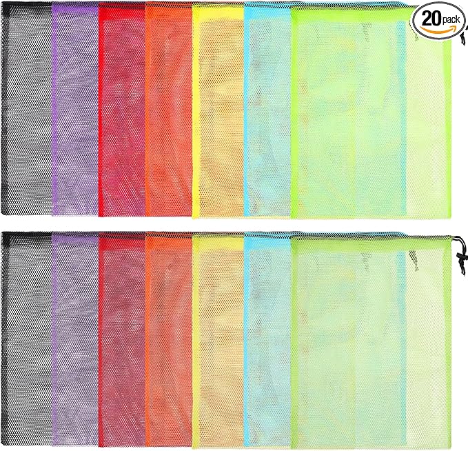 20PCS Mesh Bags: Nylon Mesh Drawstring Bags, 13"X15.5", Black, Navy Blue, Green, Light Red, Hot Pink, Orange, Grey, Purple, Yellow - Gym, Shower, Travel, Laundry, Storage, Organization, Beach