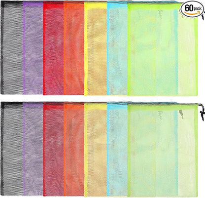 Mesh Drawstring Bags 60pcs Multicolor Nylon Mesh Laundry Bags Gym Travel Beach Storage Bags