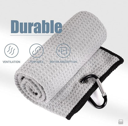 Mile High Life 2 Pack Gray Microfiber Tri-Fold Golf Towels with Carabiner Clip, 16x21in, Water Absorbent, Easy to Wash and Carry