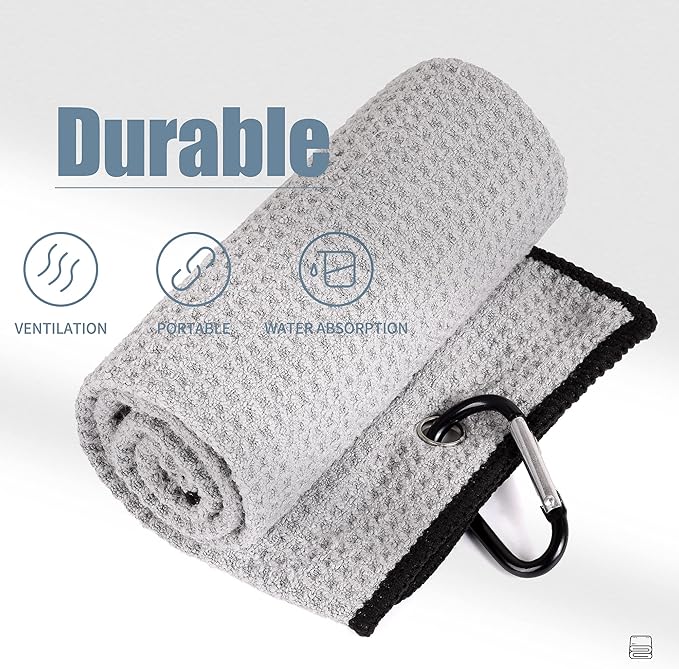 Mile High Life Tri-fold Golf Towel | 16" X 24" | Premium Microfiber Fabric | Waffle Pattern | with Heavy Duty Carabiner Clip | for Men and Women (Black & Gray)