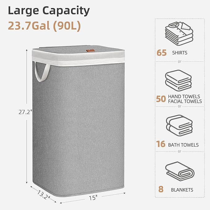 STORAGE MANIAC Metal Frame Laundry Hamper with Lid, 90L Tall Laundry Baskets with Removeable Bag, Large Clothes Hamper with PU Tag, Laundry Bin for Dorm, Collage, Bathroom, Bedroom, Gray