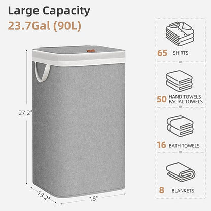 STORAGE MANIAC Metal Frame Laundry Hamper with Lid, 90L Tall Laundry Baskets with Removeable Bag, Large Clothes Hamper with PU Tag, Laundry Bin for Dorm, Collage, Bathroom, Bedroom, Gray