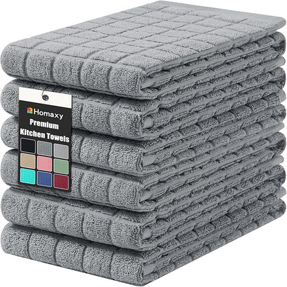 Homaxy Premium Cotton Kitchen Towels 16"x 28", Large Natural Ring Spun 390 GSM Dish Towels, Super Absorbent Terry Kitchen Hand Towels, Soft Tea Towels with Hanging Loop, Pure Grey Design, 6 Pack