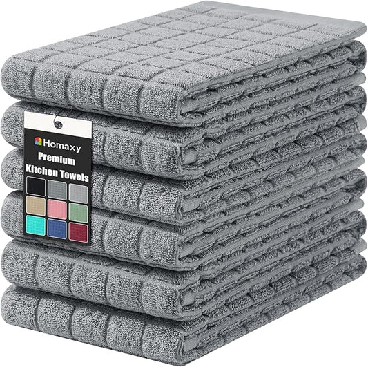 Homaxy Premium Cotton Kitchen Towels 16"x 28", Large Natural Ring Spun 390 GSM Dish Towels, Super Absorbent Terry Kitchen Hand Towels, Soft Tea Towels with Hanging Loop, Pure Grey Design, 6 Pack
