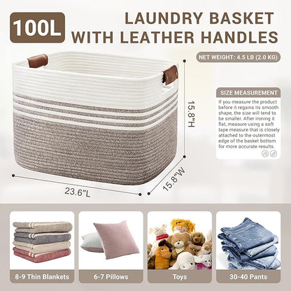 100L Extra Large Laundry Basket with Leather Handles for Living Room Storage,Woven Rope Baskets for Blanket,Kids Toy,Gifts,Wicker Hamper for Bedroom Dirty Clothes,24"x16"x14" Dark Brown