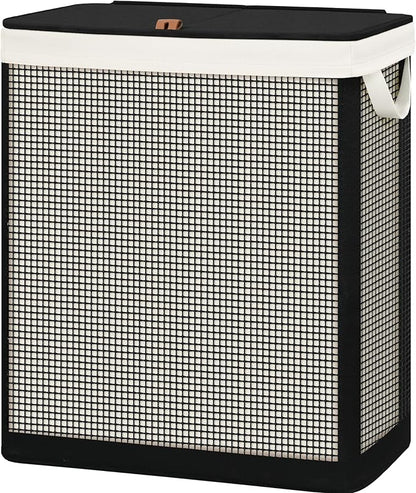 STO STO Double Laundry Hamper with Lid, 140L Large 2 Section Laundry Sorter, Laundry Basket with Removable Washable Canvas Liner Bag, Breathable Clothes Hamper for Bedroom Bathroom Laundry Room Closet
