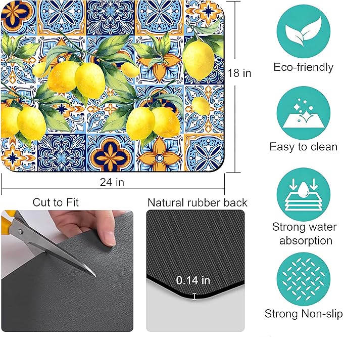 Rubber Dish Drying Mat for Kitchen Counter Large Lemon Washable Quick Home Coffee Pad Fit Under Sink,Bar,Utensils 18x24in