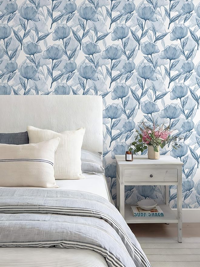 Heroad Blue Peel and Stick Wallpaper Boho Large Floral Contact Paper Modern Wall Paper Cabinets Waterproof Removable Self Adhesive Wallpaper for Bathroom Vinyl Roll 17.3"x393"