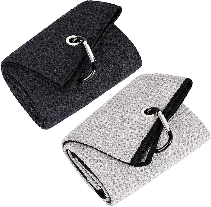 Mile High Life Tri-fold Golf Towel | 16" X 24" | Premium Microfiber Fabric | Waffle Pattern | with Heavy Duty Carabiner Clip | for Men and Women (Black & Gray)