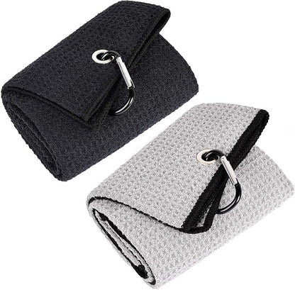 Mile High Life Tri-fold Golf Towel | 16" X 24" | Premium Microfiber Fabric | Waffle Pattern | with Heavy Duty Carabiner Clip | for Men and Women (Black & Gray)
